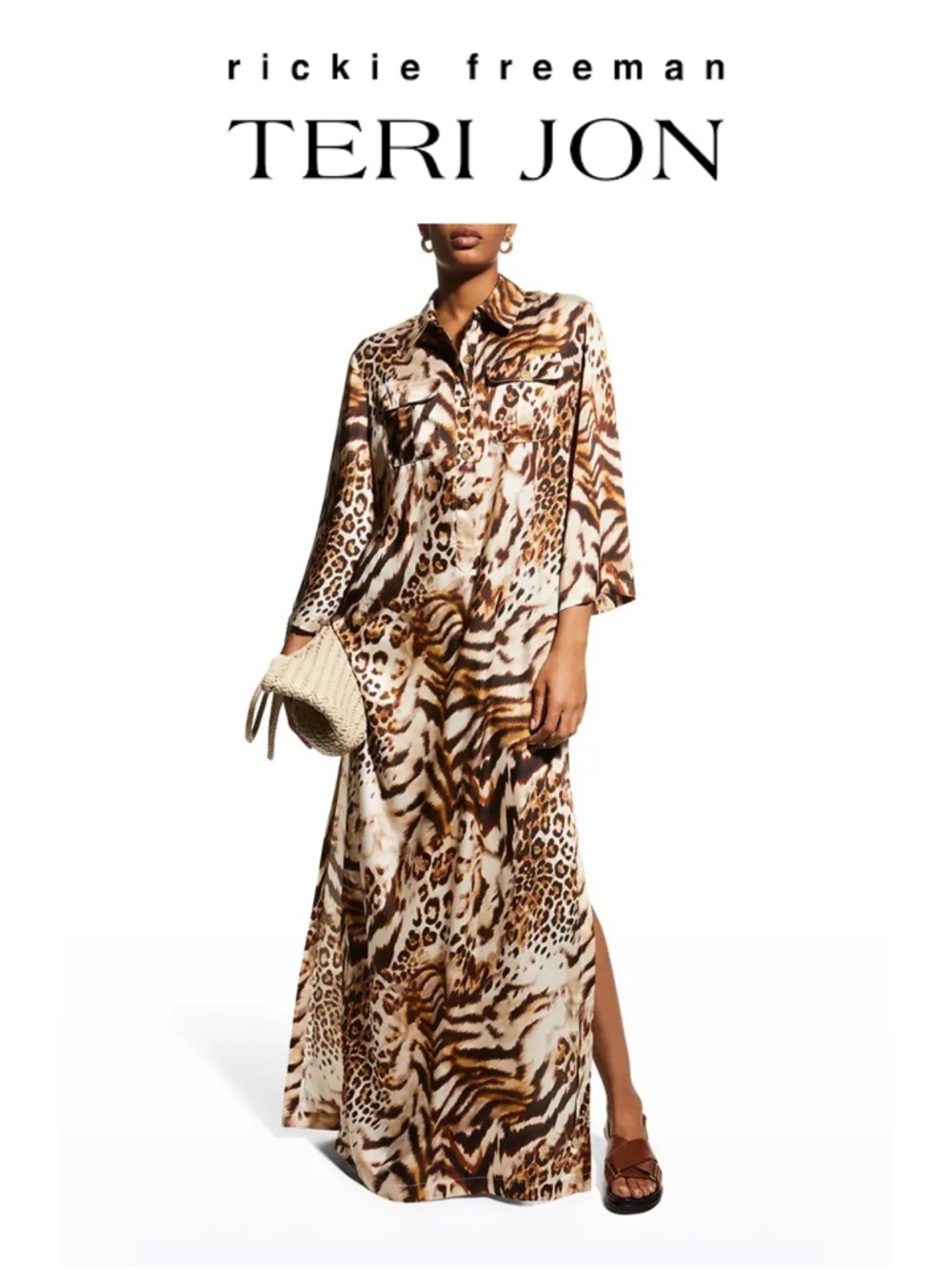 TERI JON by Rickie Freeman Animal-Print Charmeuse Shirt Gown